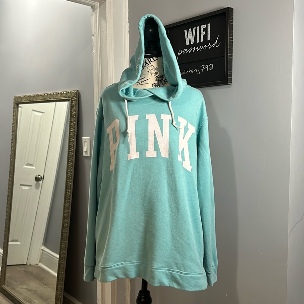 PINK Victoria's Secret Aqua Blue Hoodie with White Logo